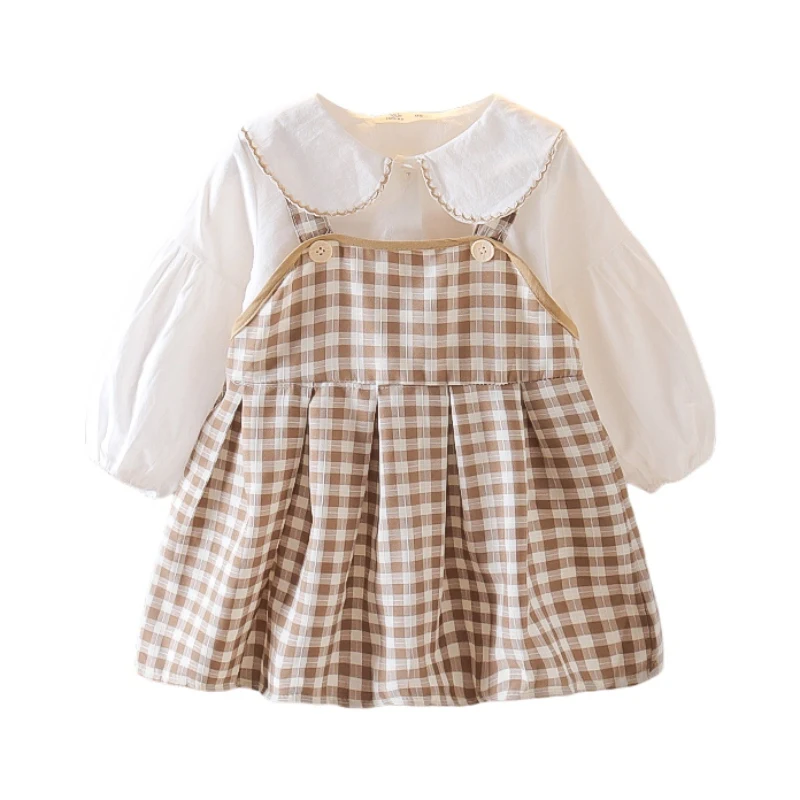 

Baby Girl Embroidered Long Sleeve Shirt With Condole Plaid Skirt 2-piece Kid Clothes