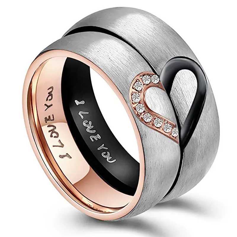 

Heart Promise I Love You Rings Stainless Steel His & Hers Real Couples Wedding Engagement Bands Top Ring