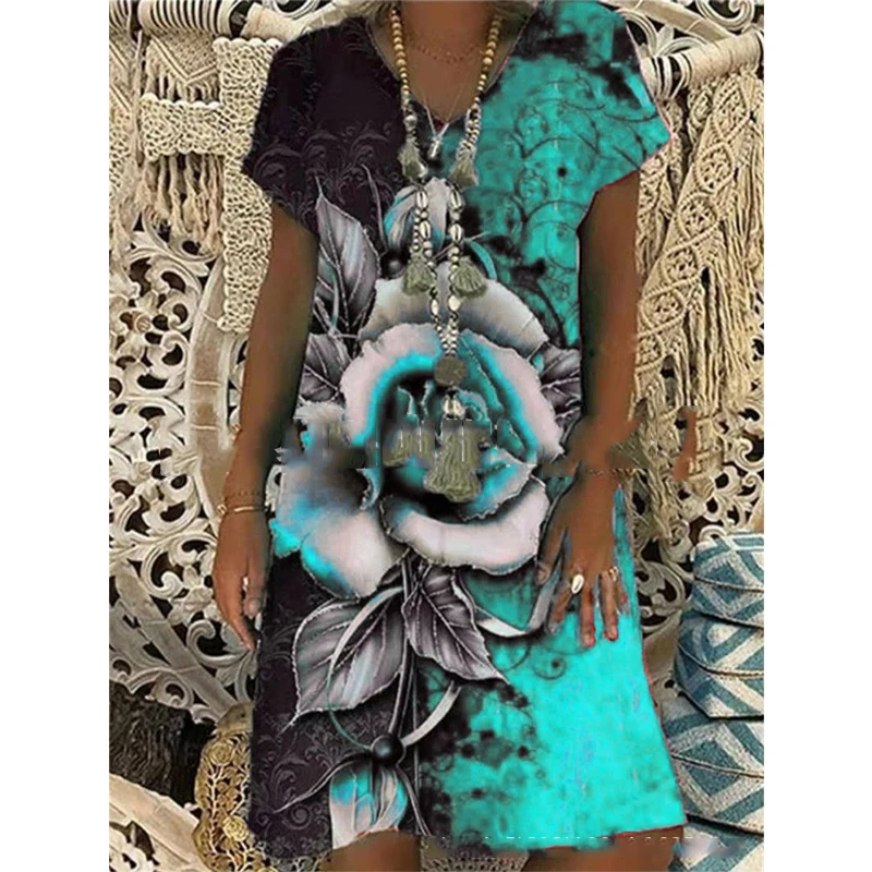 

New Style Women's Dress Summer Casual V-neck Rose Print Long Dress Ladies Loose Casual Bohemian Dress Fashion Party Mini Skirt