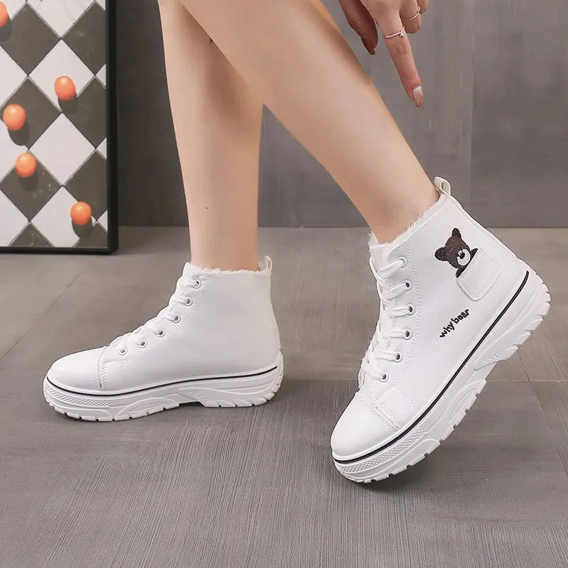 

Женские высокие парусиновые туфли, зимние Утепленные хлопковые туфли, Нескользящие повседневные кроссовки на платформе для женщин, 2021