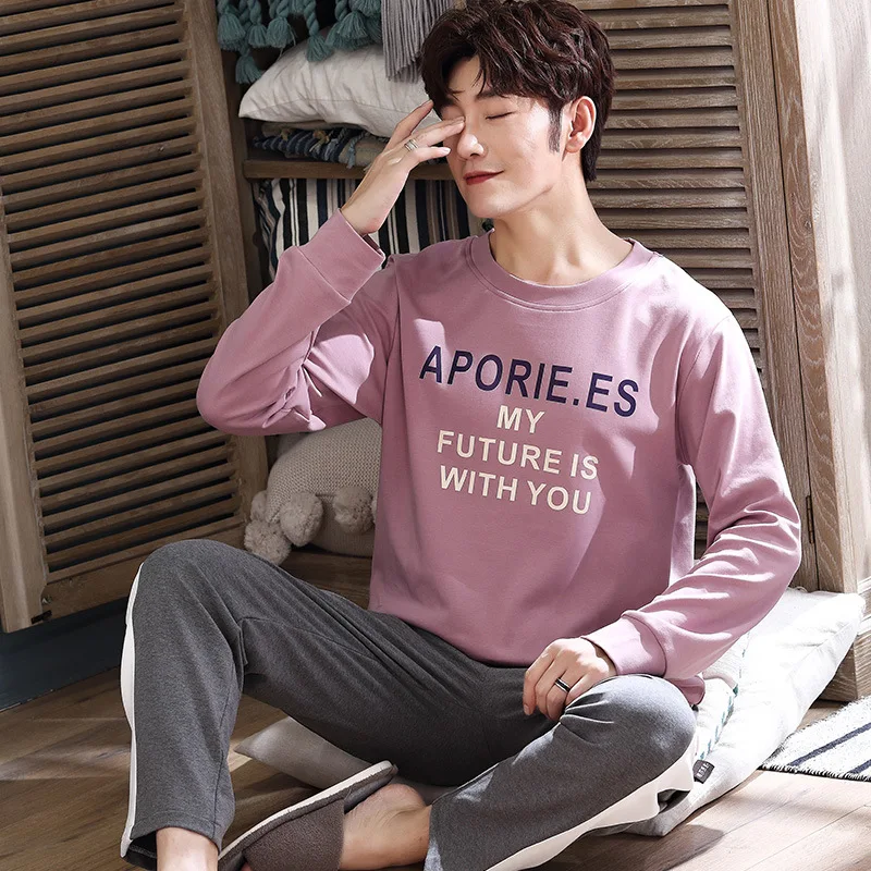 

YRRFUOT 2020 Spring Summer Pajamas Men's Cotton Long-sleeved Korean Cartoon Loose Plus Size Home Service Suit Pure Full Cotton