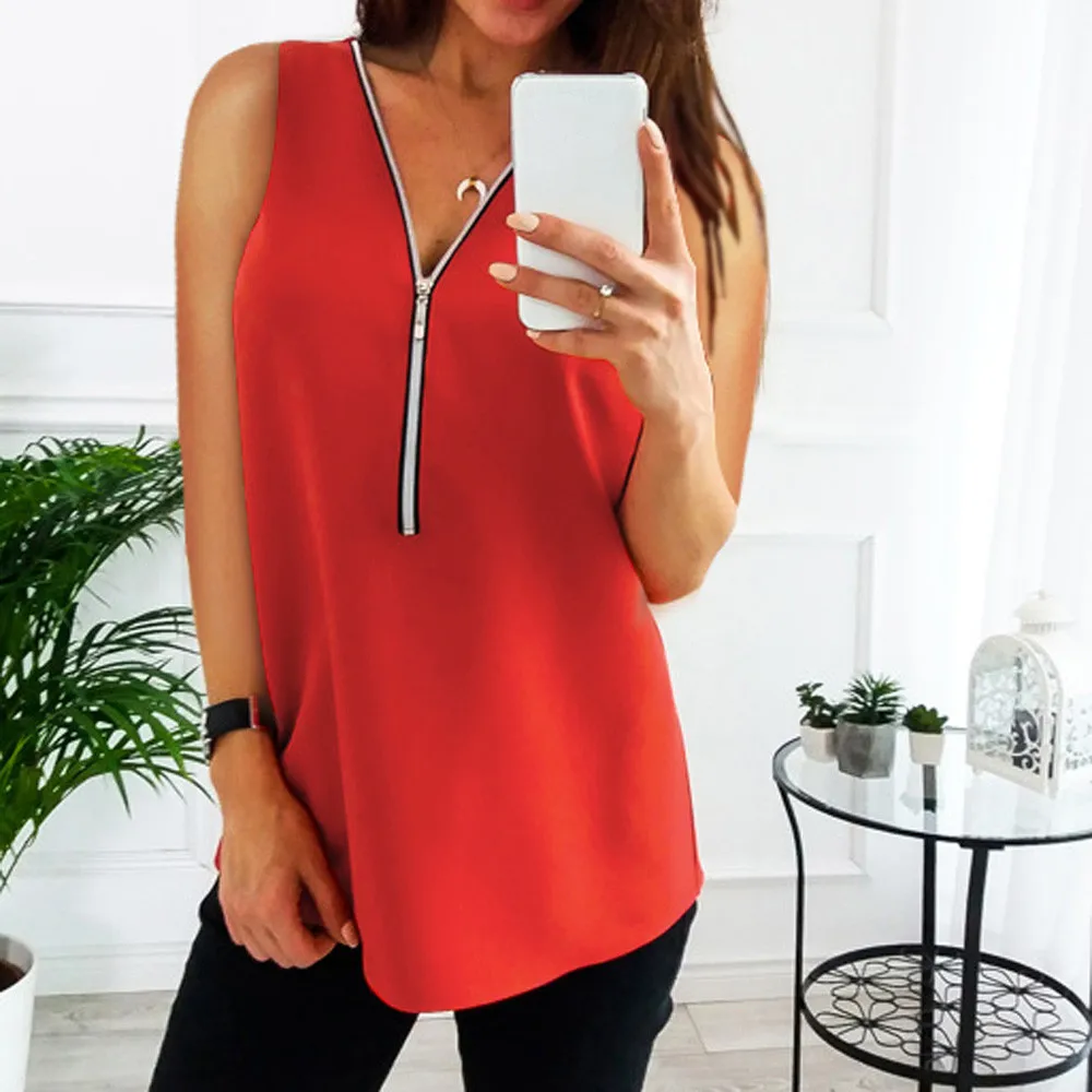 Женская блузка без рукавов на молнии с V-образным вырезом | одежда