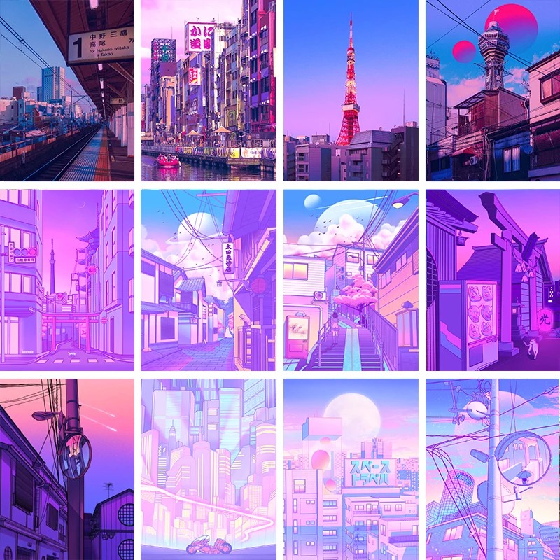 Постер Ночной город в стиле поп киоту башня Осака городская улица полуночная