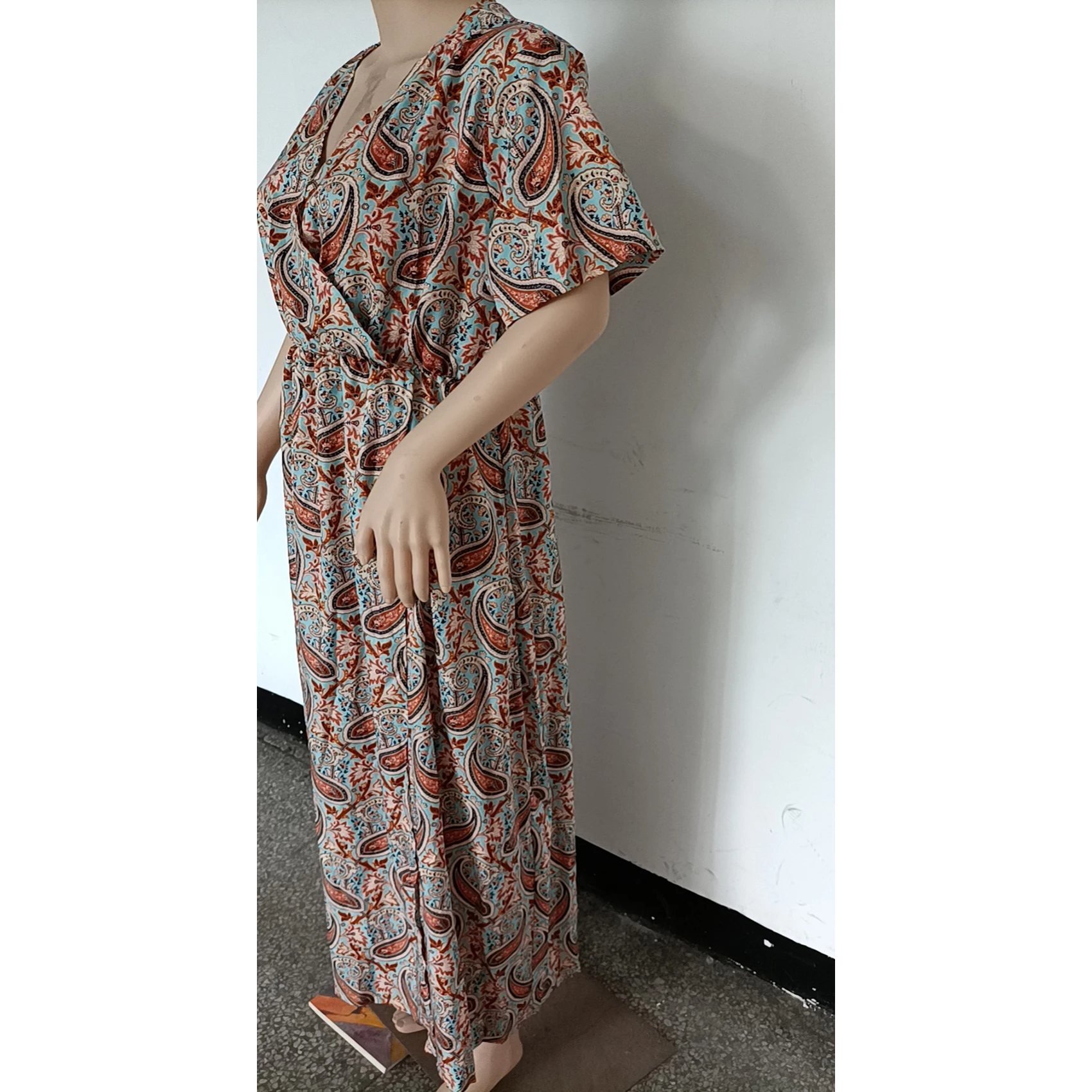 

Women Bohemian Floral Print Dress Women V-Neck Short Sleeve Mid-Waist Slim Dress Summer Sexy Holiday Beach Casual Long Dress