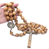 2021 natural pine wooden rosary beads necklace religious large cross pendant wall hanging decoration jewelry accessories