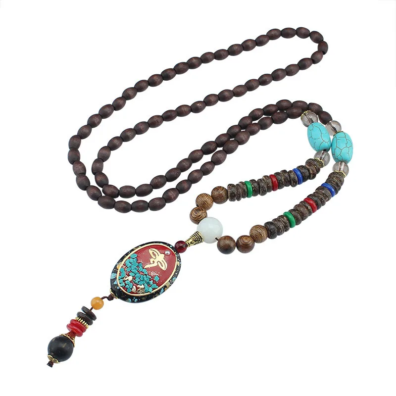 Винтажное непальское длинное ожерелье Будды деревянная подвеска из бисера и
