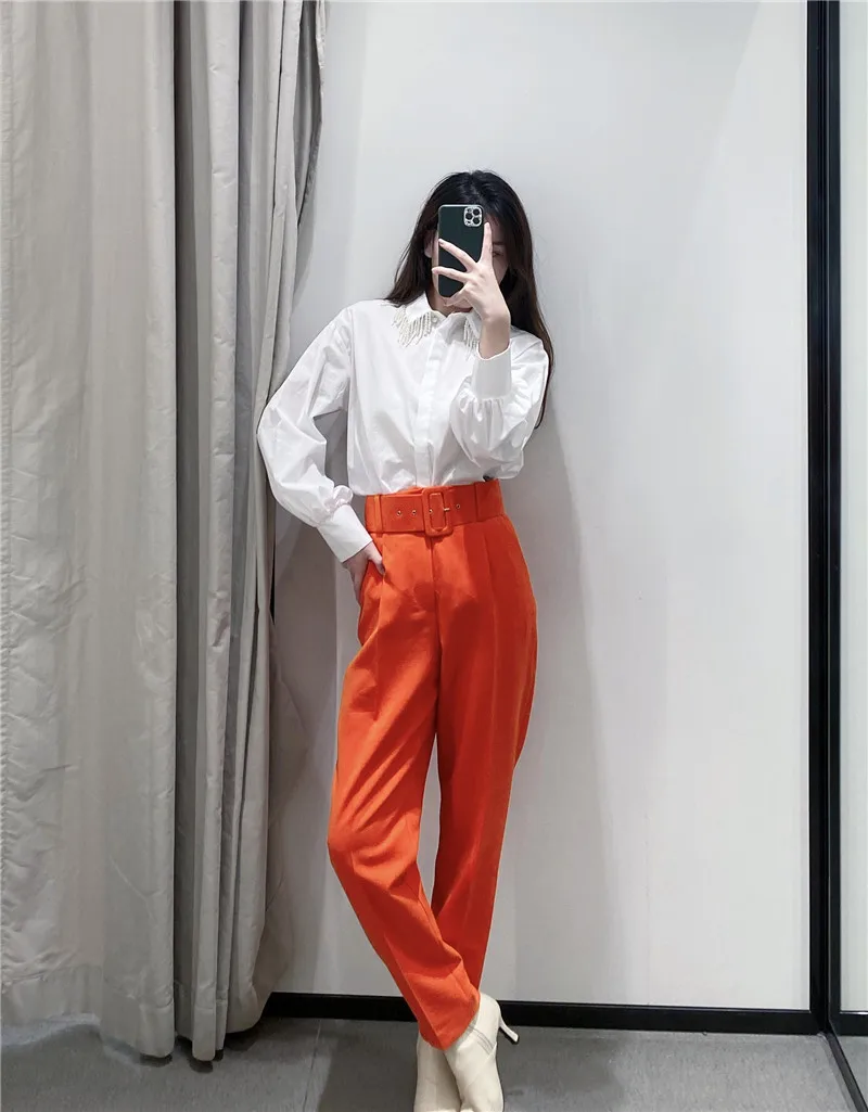 

2020 European and American style new pleated multicolor harem pants casual solid color feet women with free belt