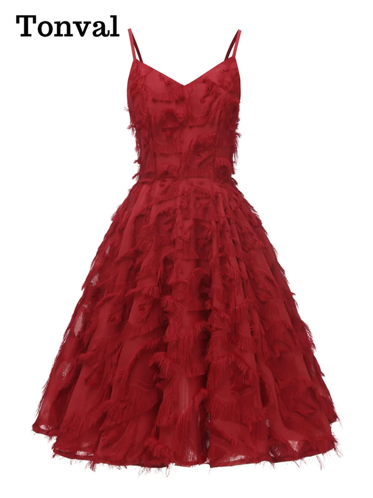 

Tonval Vintage High Waist A-Line Fringe Red Dress V-Neck Spaghetti Strap Women Party Summer Ladies Slim Dresses Elegant