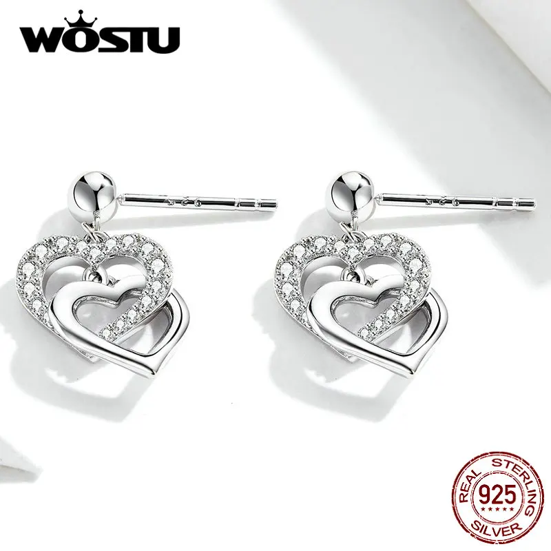 WOSTU, 925 пробы, серебряные, от сердца до сердца, висячие серьги, свадебные, циркон, висячие серьги для женщин, обручение, роскошные ювелирные изделия CQE732