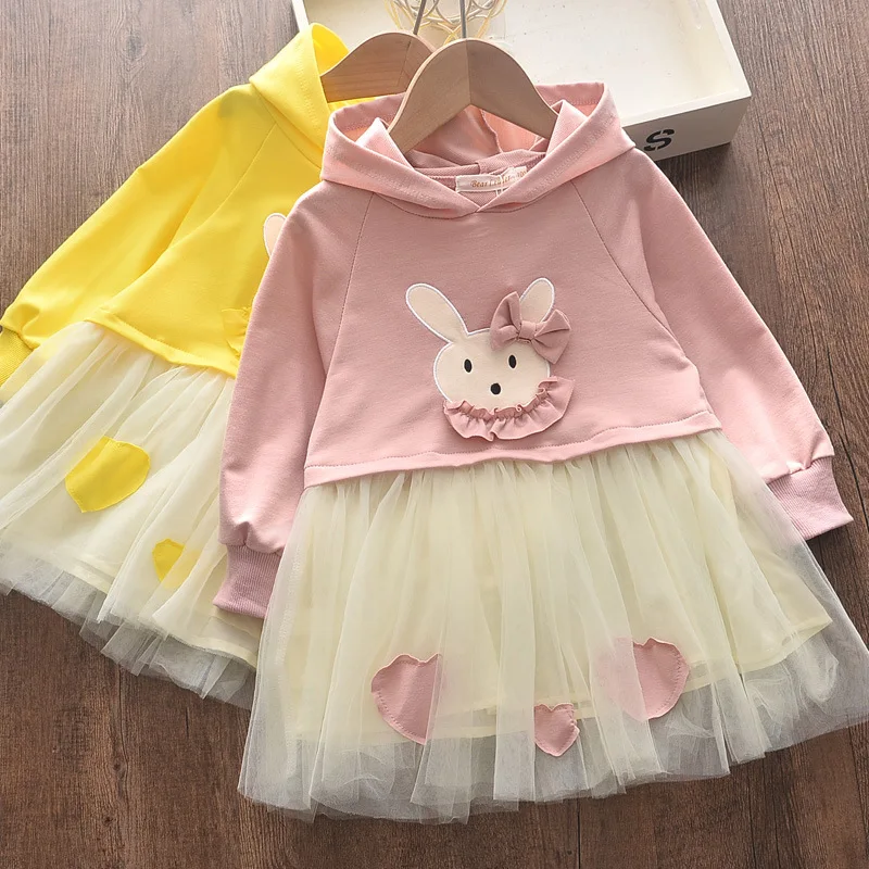 

Vigarelyan Rabbit Girl Dress New Spring Fall Fashion Cartoon Mesh Dress Girl Children Clothing Party Dresses Hooded Kids Dresses