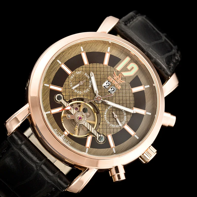

Мужские механические Автоматические часы SEWOR золотого цвета, роскошные многофункциональные часы с аллохройным стеклом и кожаным ремешком