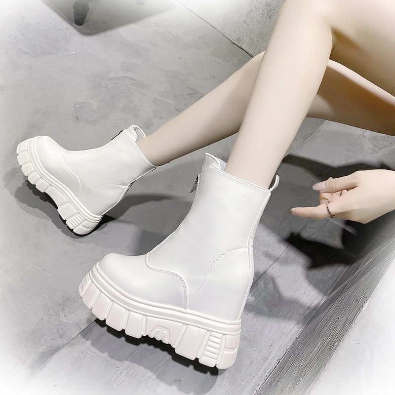 

Autumn Leather Front Zipper Women' Ankle Boots Fashion Style Women Platform Height Increasing Boots Ladies Chunky Shoes Black