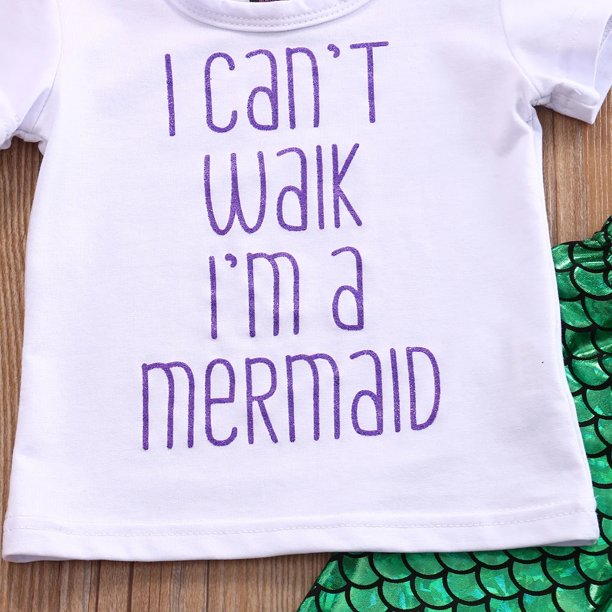 3Pcs Todderl Girl I Can't Wakl I'm a mermaid Letters short sleeve Tee Mermaid Pant + Headband Set For Baby Clothes Outfits | Детская