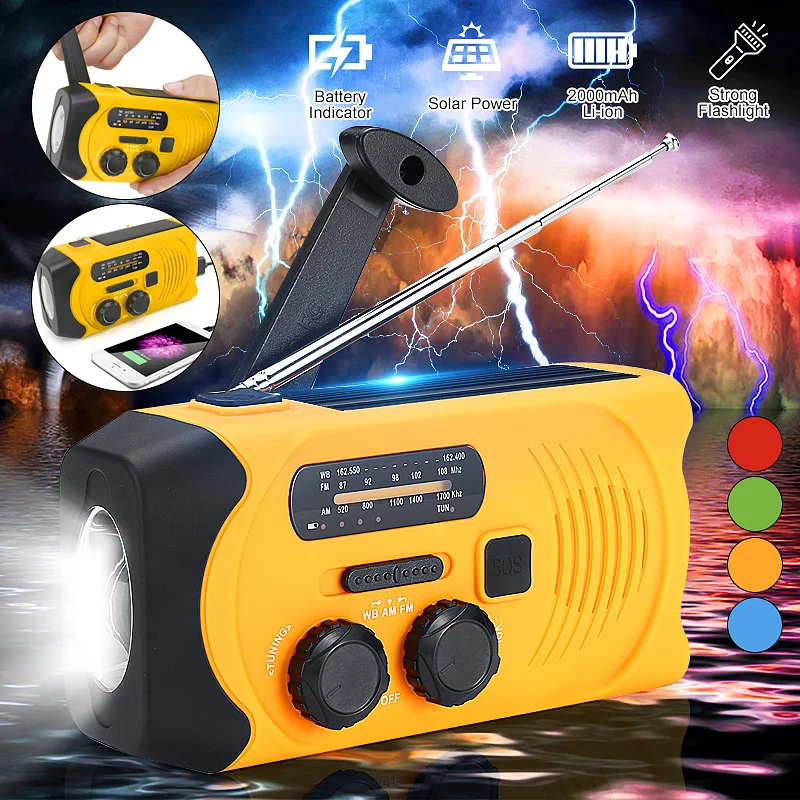Global Weather Radio Receiver AM WB FM Radio Flashlight Hand Crank Solar Solar Panel Rechargeable 2000mAh Power Bank