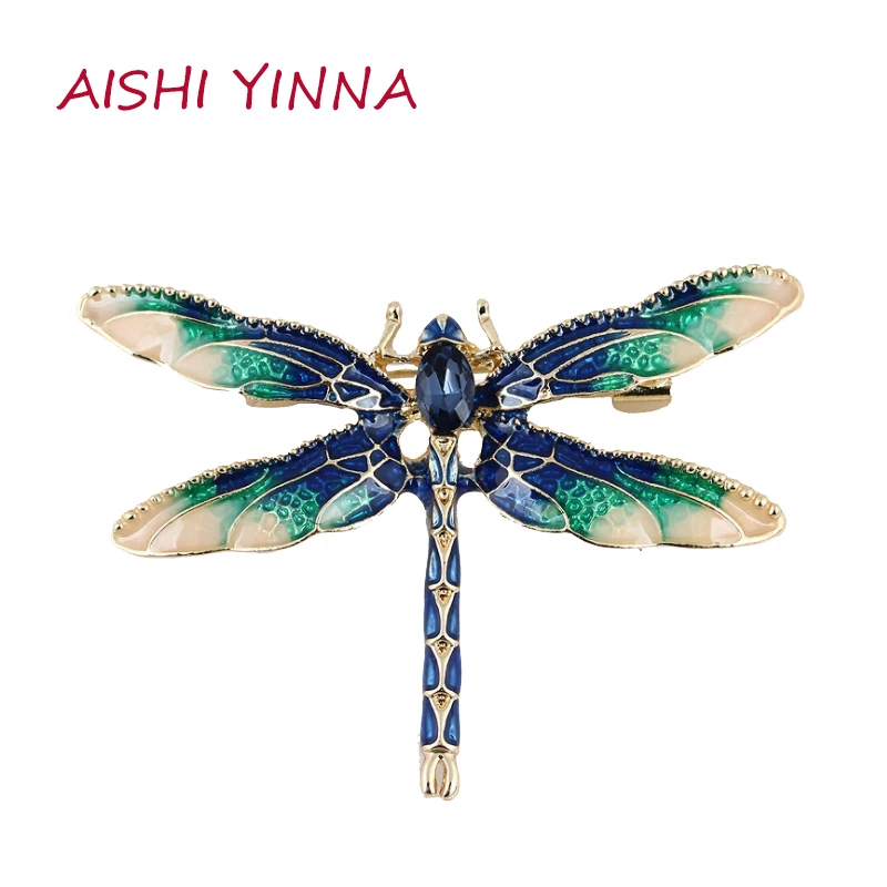 

AISHI YINNA New Original Handmade Rhinestone Alloy Drip Enamel Crystal Dragonfly Insect Brooch Men And Women Accessories