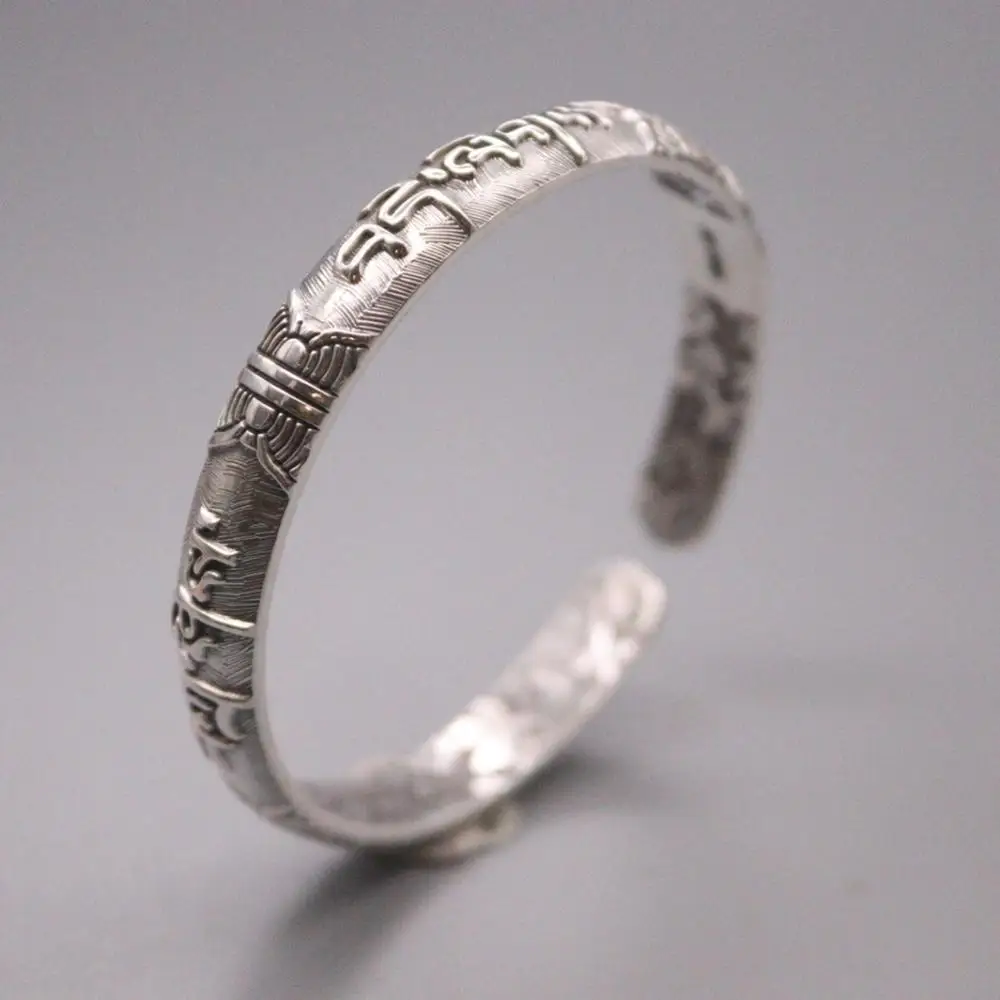 

New Pure 999 Fine Silver Bracelet Width 8mm Six-word Mantra And Flower Parrern Cuff Bangle 56-62mm Adjustable About 31g