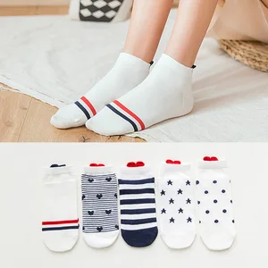 Женские короткие невидимые хлопковые носки в горошек с сердечками на спине, Летние удобные женские лодочные носки по щиколотку, 1 пара = 2 шт., ws191