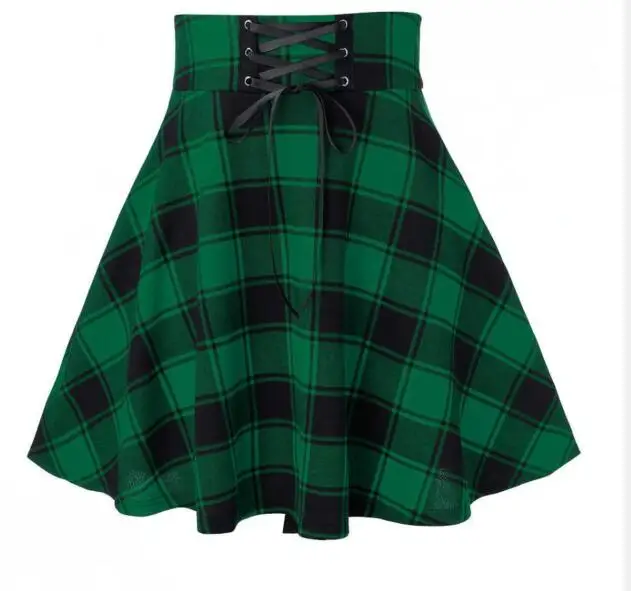 1pcs/lot Women Plaid Print Skirt Lace Up Hip Hop Winter skirt  Casual Green Grey Red Plaid Pleated Woolen blend skirt