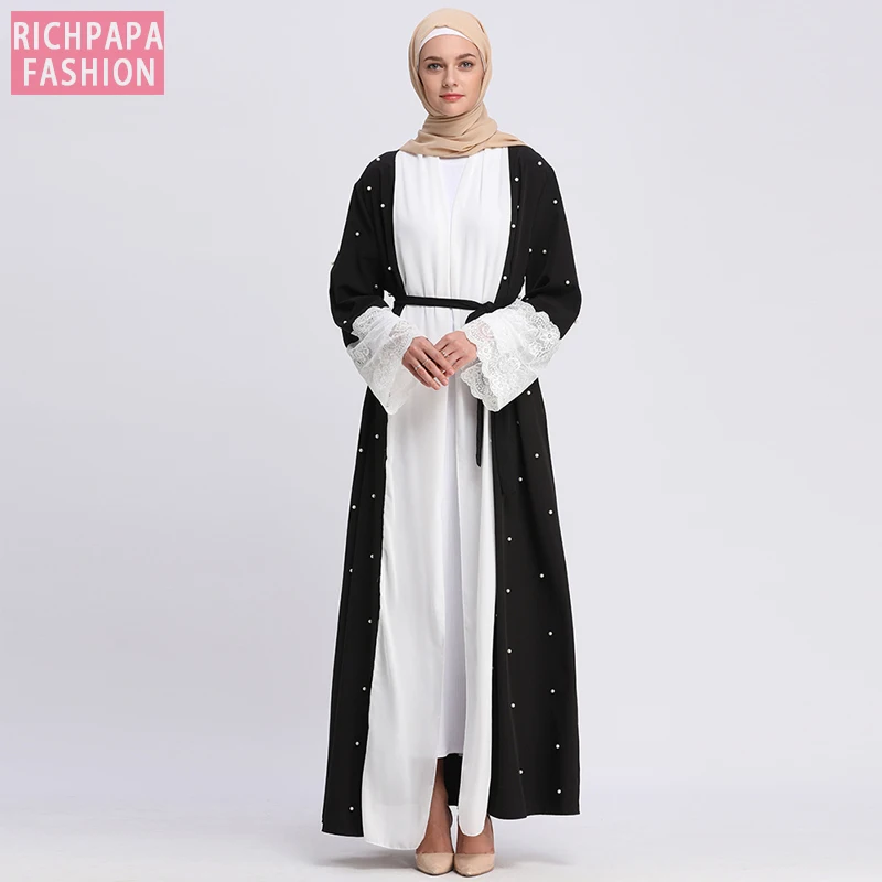 Черная абайя Дубай Кафтан Кружева жемчуг мусульманский хиджаб платье Abayas для