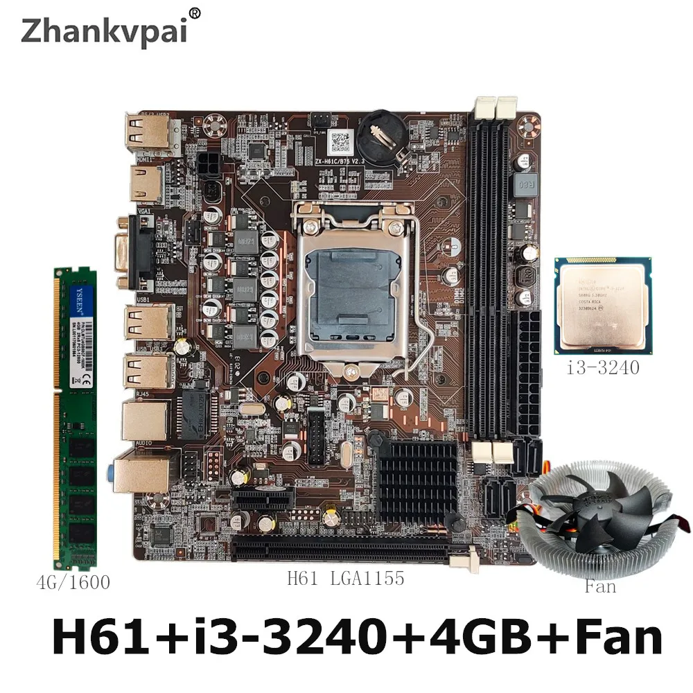 H61 рабочего Материнская плата для Intel набор с Core Duo 3 5G процессор i3 3240 + 4 Гб 1600