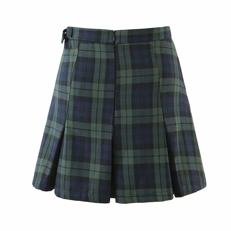 Women England Style Plaid Mini Skirt With Buckle Detail Pleated Mini Skirt Mini Skort In Green Plaid images - 6