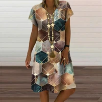 plaid geometric graphic mini dresses for womens clothing 2021 summer new casual loose short sleeve v neck beach sundress ladies