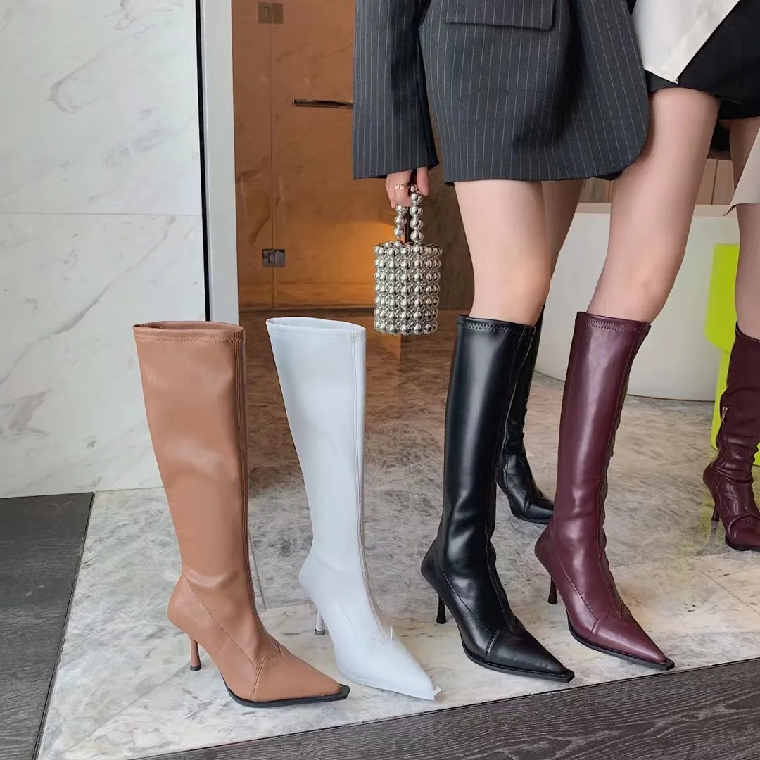 

Fashion Women Knee Boots Sock Stretch Sexy Pointed Toe Thin High Heels Party Pumps Side Zipper Black White Khaki Brown Pumps 39