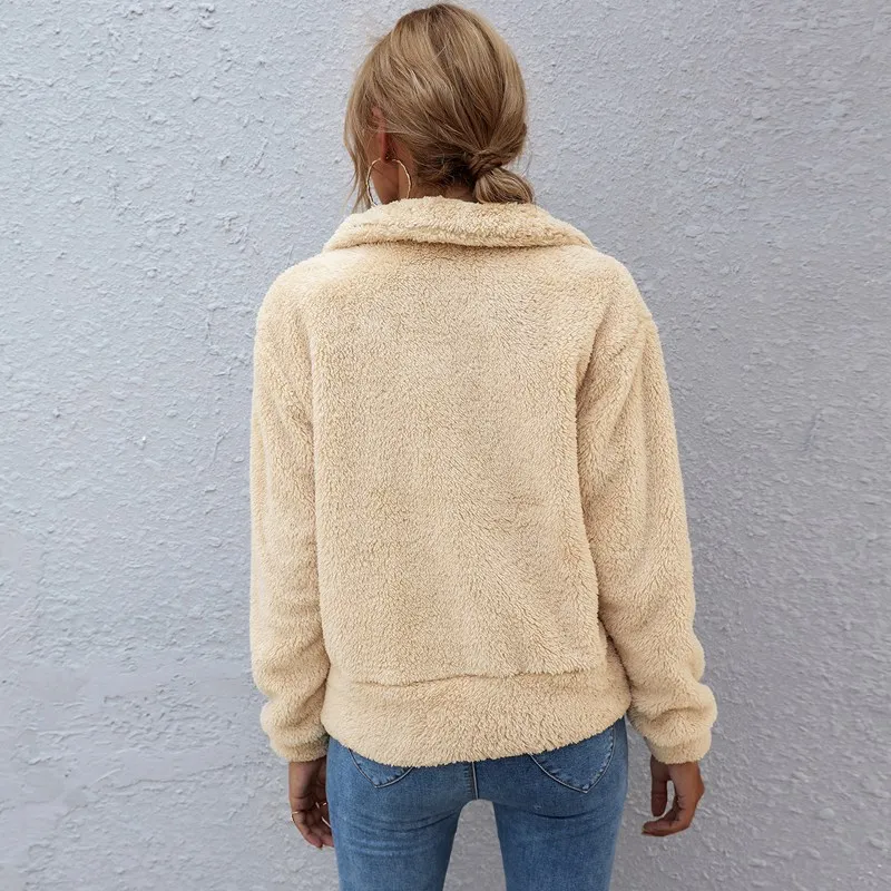 

Women\u2019s Faux Shearling Jacket Beige Yellow Lapel Fleece Fuzzy Shaggy Coat Zip Up Coat with Patchwork Thick Pockets
