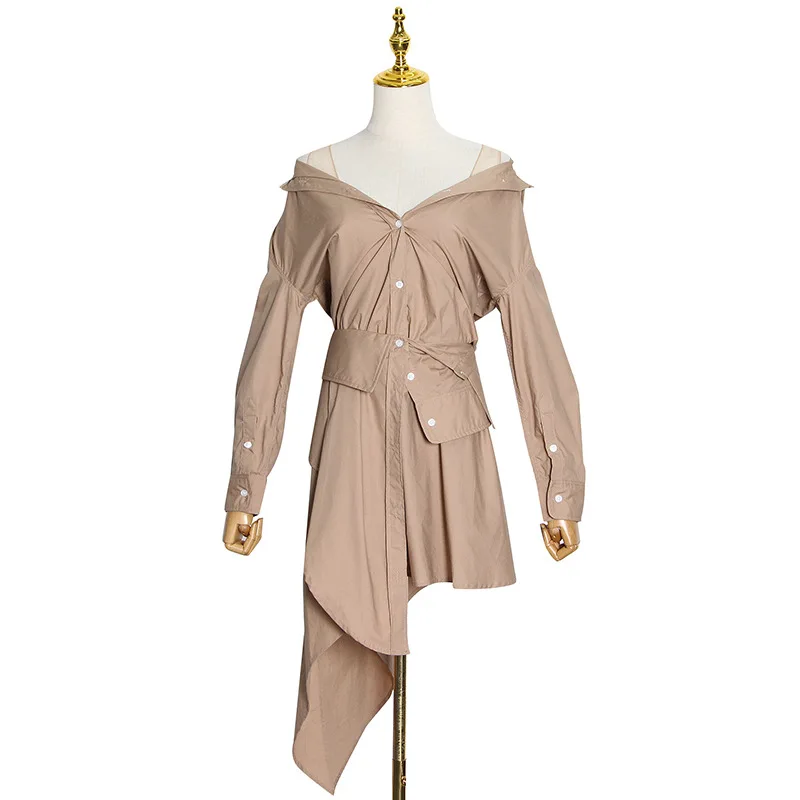 

New fashion socialite shirt lapel stitching waist shoulder stitching mesh vest dress women