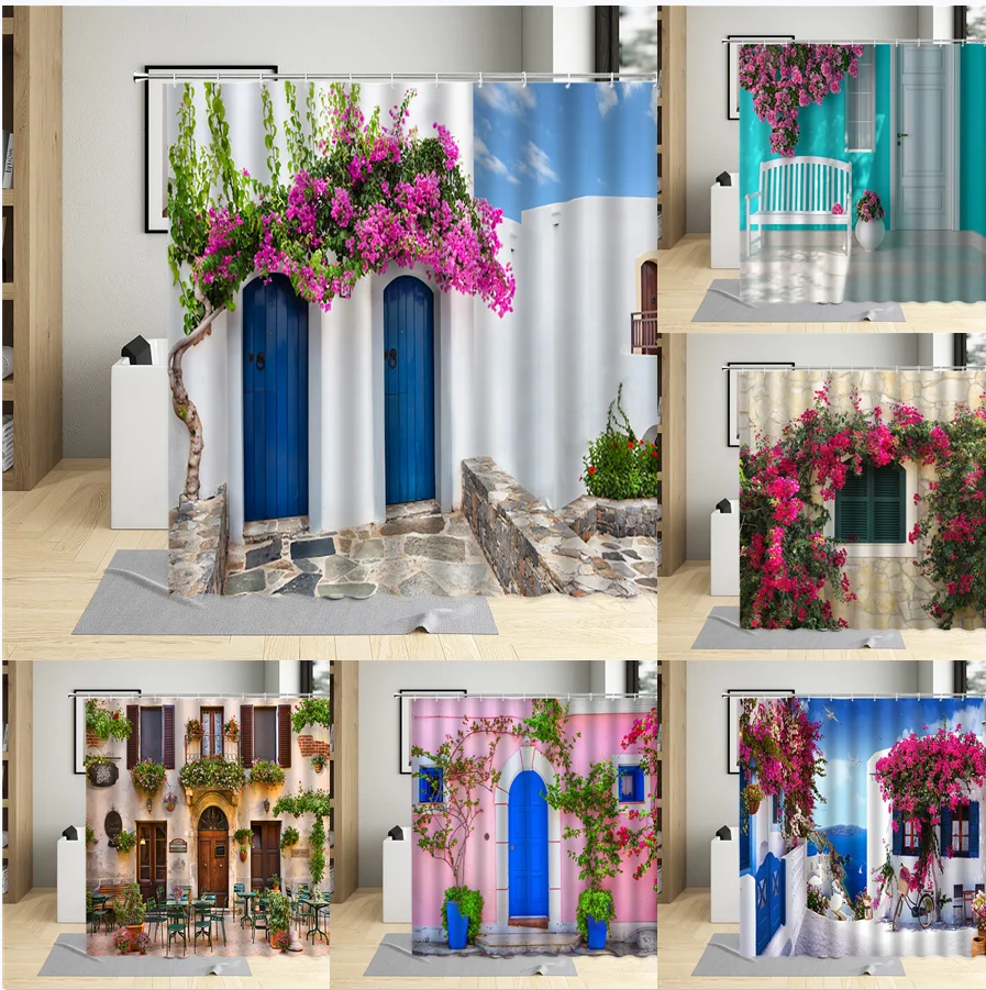 greek city street scenery shower curtain flower window blue wooden door floral plant landscape bathroom curtains set polyester free global shipping