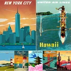 Постер из крафт-бумаги серии Тур города, гавайский город Нью-Йорк, объединенные авиалинии, 66 наклеек для дома, бара, художественное настенное украшение
