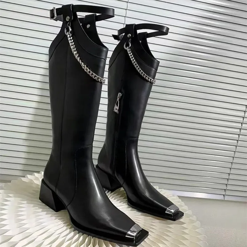 Koovan Women Knee-High Boots Chain Thick Heel 2021 New Trend Steel-toed Boots Fashion Boots Coach Fashion Shoes For Girls Women