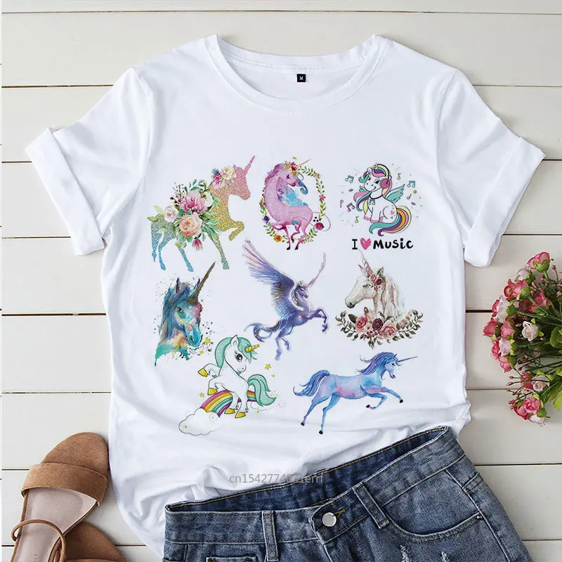 

Women Harajuku Uni corn Anime Graphic Print T-shirt Aesthetic White Tops Casual New Summer Fashion T Shirt