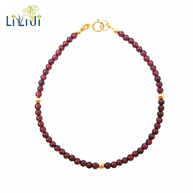 

Lii Ji Natural AAA Red Garnet 3-4mm Beads 925 sterling silver Gold Color Fashion Gemstone Anklet Women Gift