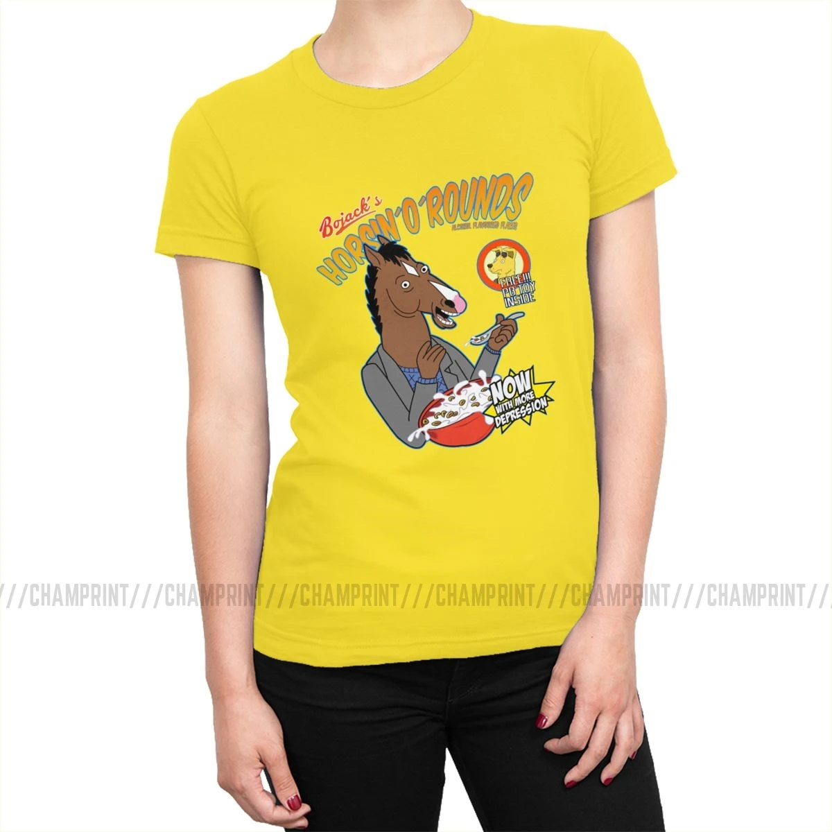 Женские футболки Bojack's cereal, Забавные футболки Bojack Horseman с рисунками из мультфильмов, модные хлопковые футболки, топ, базовая Женская одежда с графическим принтом - Цвет: Цвет: желтый