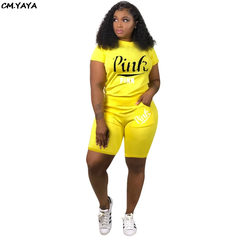

2019 women new pink letter print short sleeve o-neck tee top above knee pants suit 2pcs women's sporty set tracksuit H1135