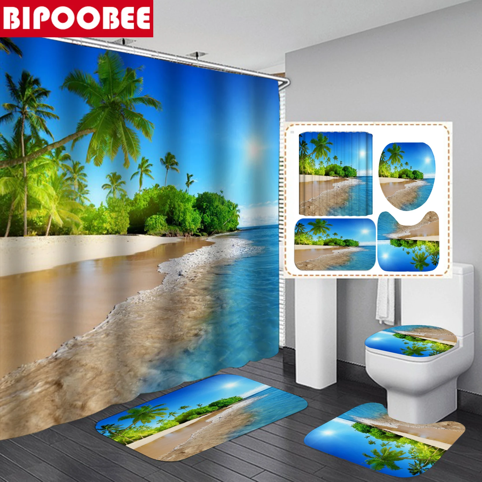 

Coastal Sunny Beach Scenery 3D Shower Curtain Pedestal Rug Lid Toilet Cover carpet Bath Mat Set Bathroom Curtains with Hooks