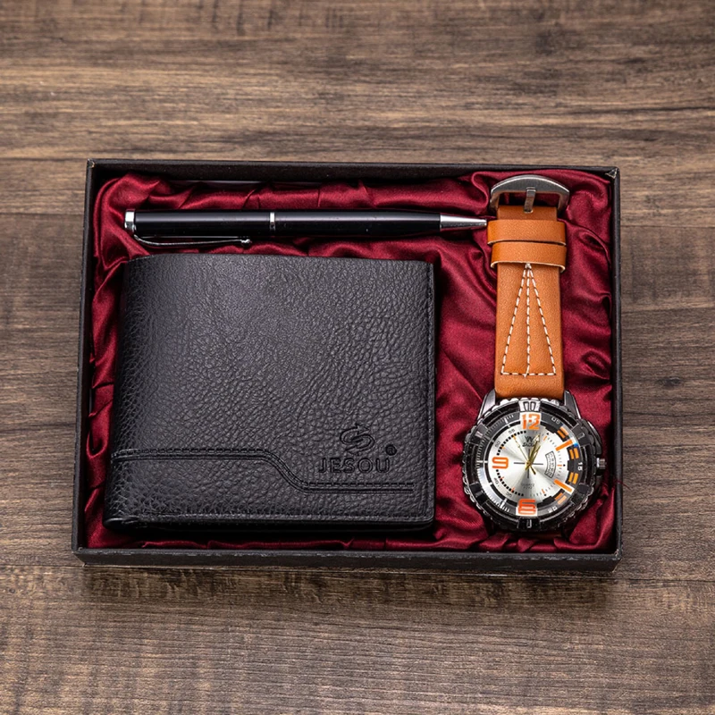 Мужские часы в комплекте стальные/кожаные кварцевые наручные складной кошелек