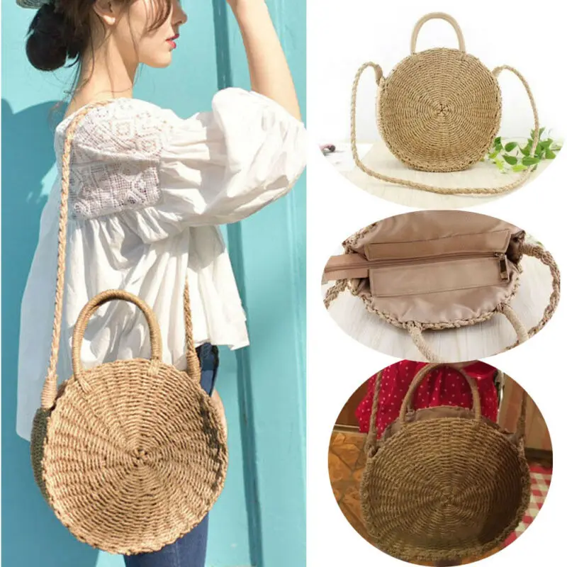 

NoEnName-Null Stylish Women Straw Retro Bag Handwoven Round Rattan Handbags Knitted Crossbody Bag Tote Boho Beach Summer Bags