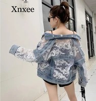 denim jacketsummer long sleeve large size jeans jackets womens coat loose lace stitching perspective top jacket ladies lace