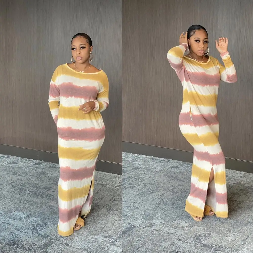 

Fall 2020 new casual stripe printed loose dress fashion o-neck long sleeve women's T-shirt long skirt