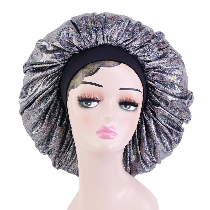 

New Satin Silky Bonnet Sleep Women Night Cap Round Shower Cap Bright Colors Elastic Bonnet Hat Nightcap Hair Care Cap Hat Black