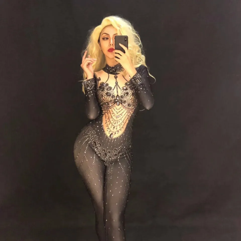 

Women Shiny Jumpsuit Rhinestone High Quality Stretch Rompers 2021 Party Celebrate Bar Singer Competition Performance Costume