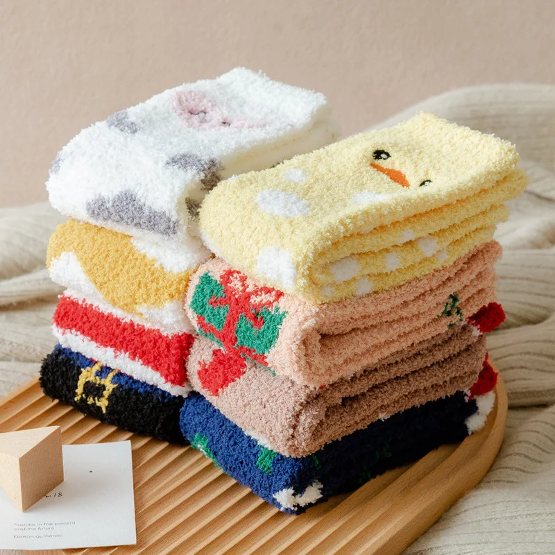 3 Pairs/Packs Winter Coral Velvet Female Socks Christmas Socks Thickened Warm Couple Socks Cute Cartoon Snow