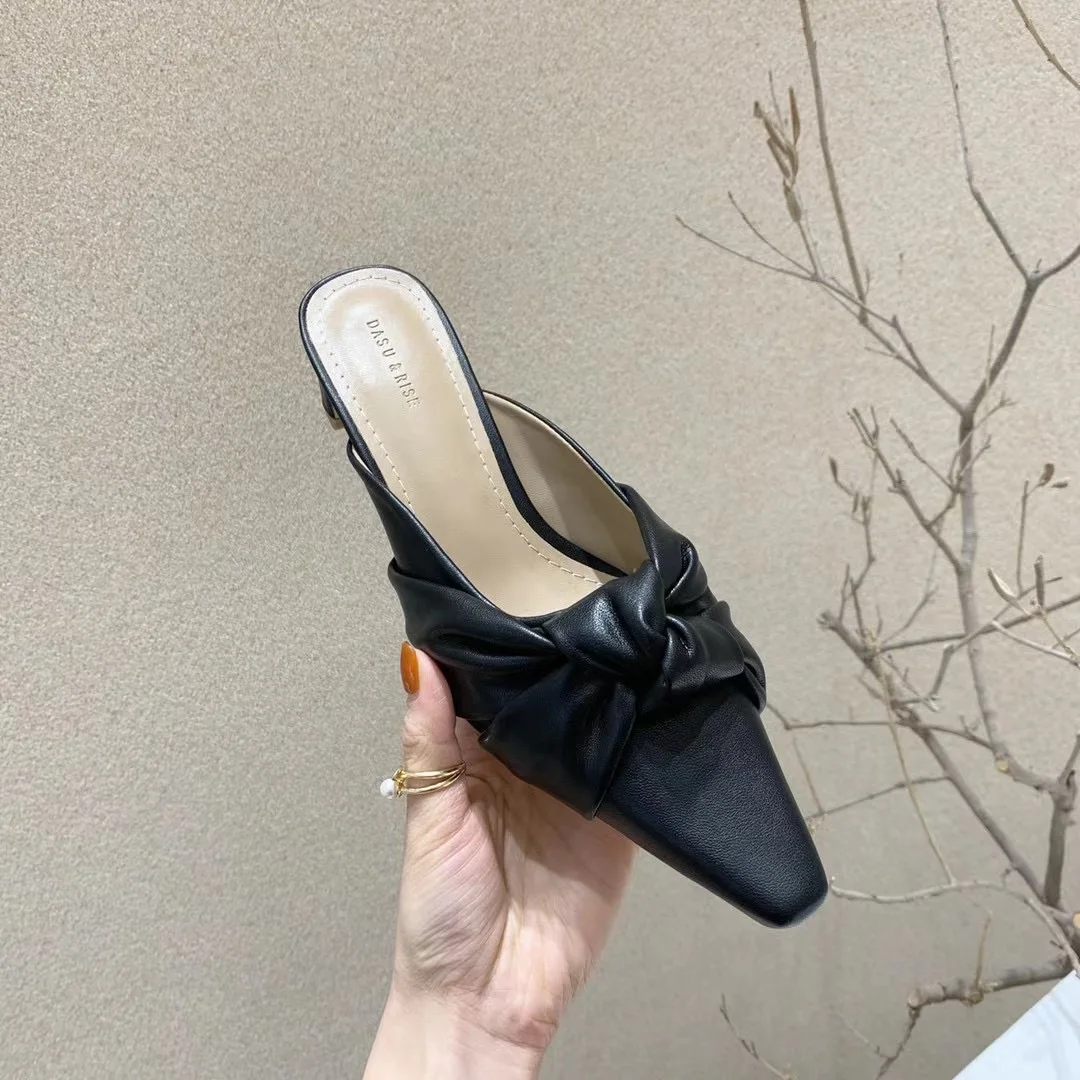 

Casual Women Slippers Shallow Slip On Summer Thick Low Heels Solid Color Bow Design Fashion Slippers Thick Low Heels Flip Flops