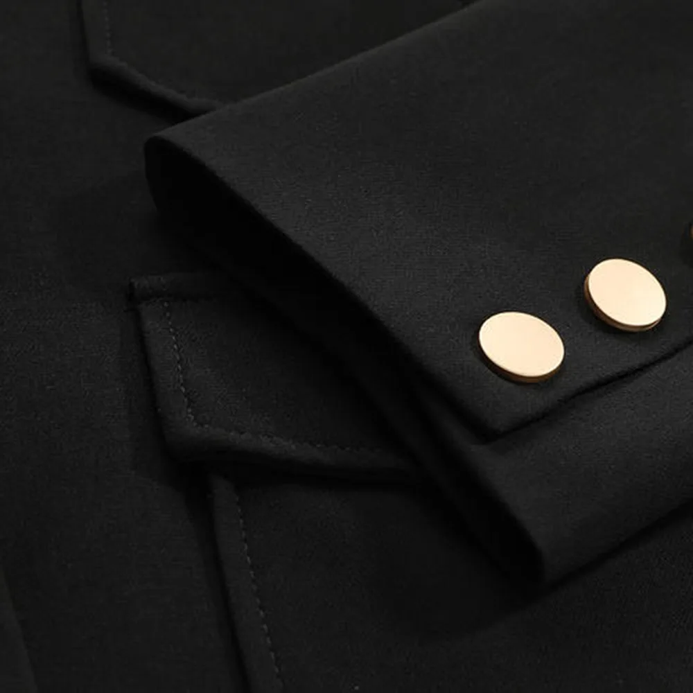 Офисное Женское пальто черное уличное на пуговицах с карманами длинным рукавом