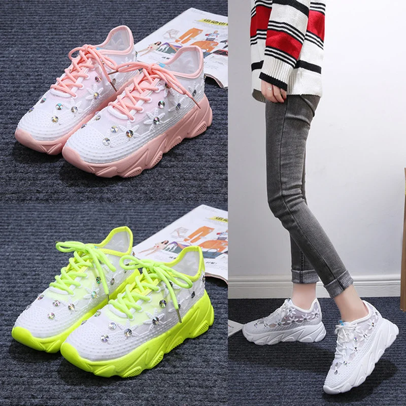 

Summer New Ladies Rhinestone Wedge Sneakers Women Trainers Dames Chunky Platform White Wedge Casual Shoes Woman Chaussures Femme