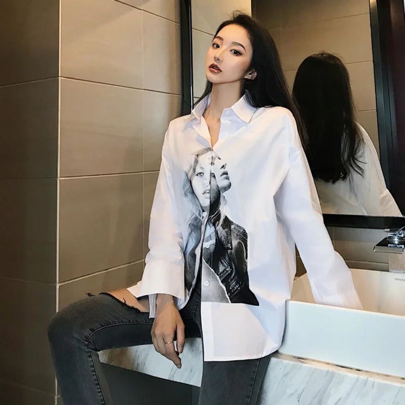 

Spring Women's Large Size Blouse 2021 Stylish Character Printing Mid-Length Oversized Shirts Casual Streetwear White Top Blusas