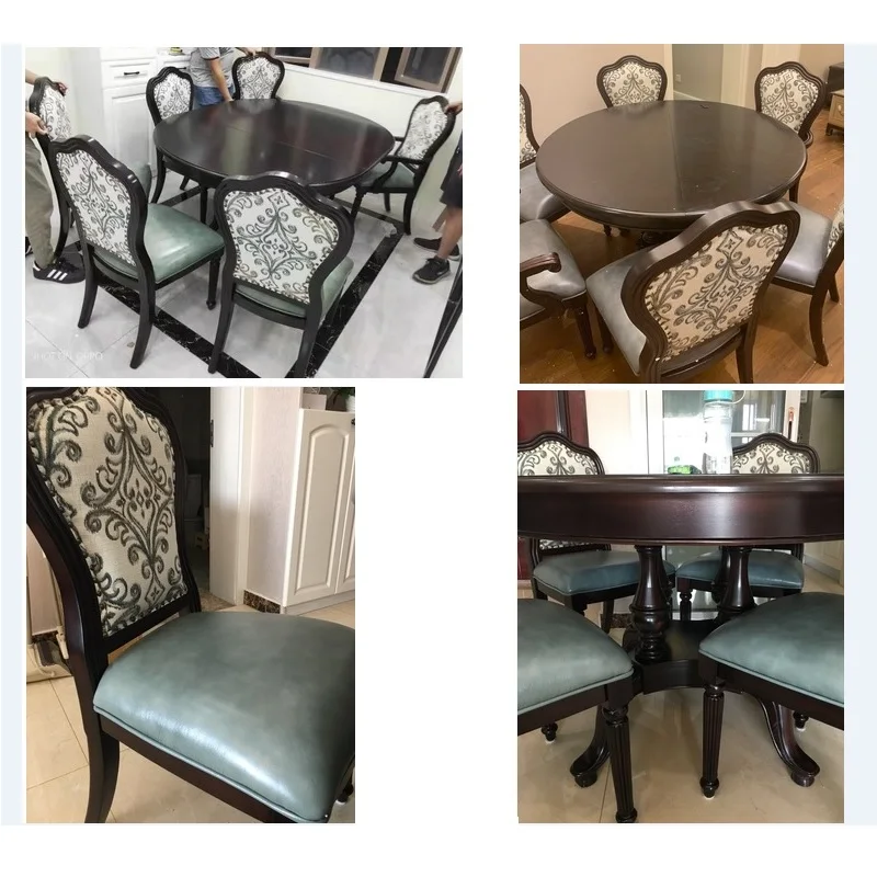 Раздвижной деревянный обеденный стол искусственный и синий кожаный стул WA640 |