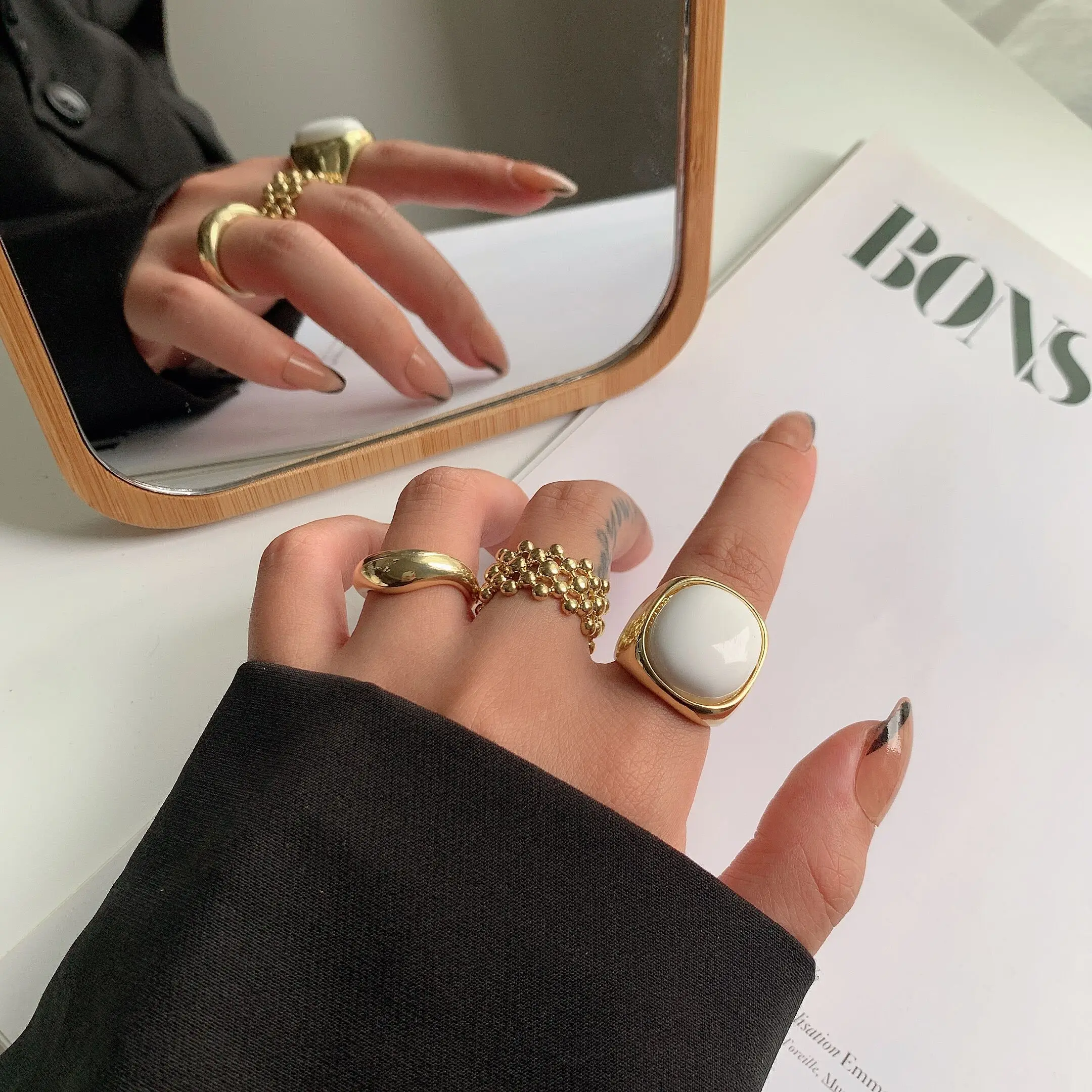

Flashbuy Gold Color Beads Round Geometric Finger Rings Set for Women Vintage Trendy Chic Joint Ring Jewelry Female